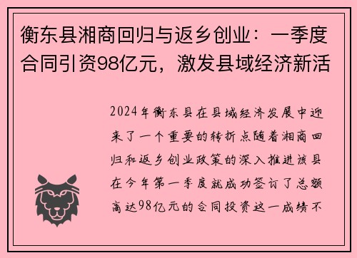 衡东县湘商回归与返乡创业：一季度合同引资98亿元，激发县域经济新活力