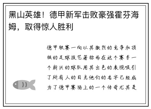 黑山英雄！德甲新军击败豪强霍芬海姆，取得惊人胜利