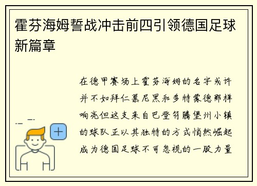 霍芬海姆誓战冲击前四引领德国足球新篇章