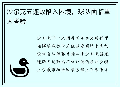 沙尔克五连败陷入困境，球队面临重大考验