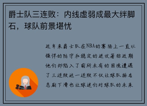 爵士队三连败：内线虚弱成最大绊脚石，球队前景堪忧