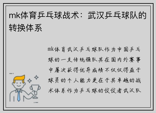 mk体育乒乓球战术：武汉乒乓球队的转换体系